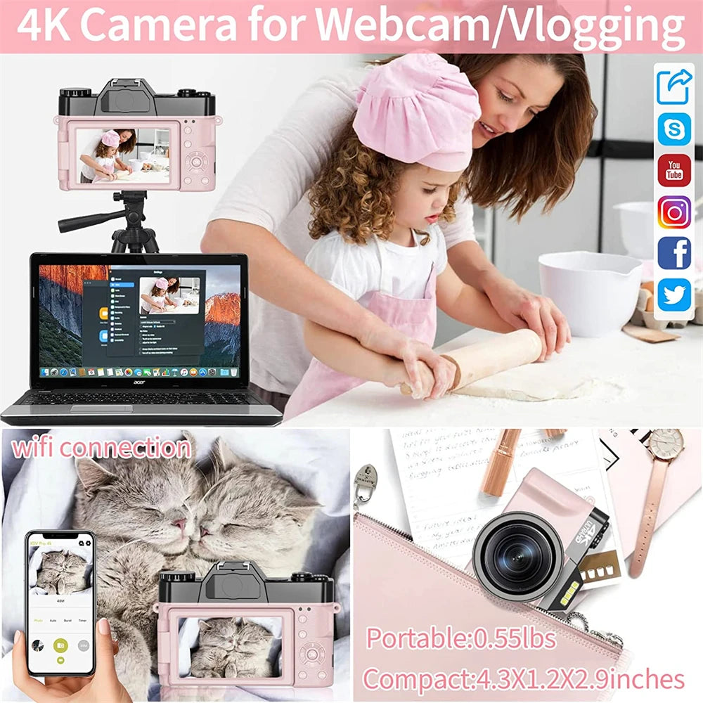 Digital Camera Flip Screen Vlog Selfie Camcorder  WIFI Webcam