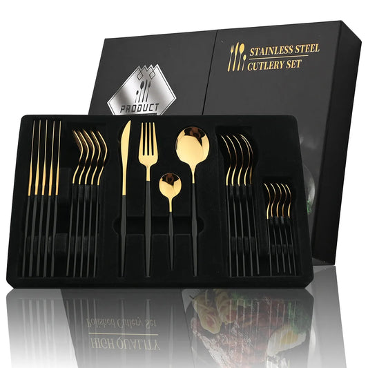 24Pcs Black Handle Golden Stainless Steel Tableware